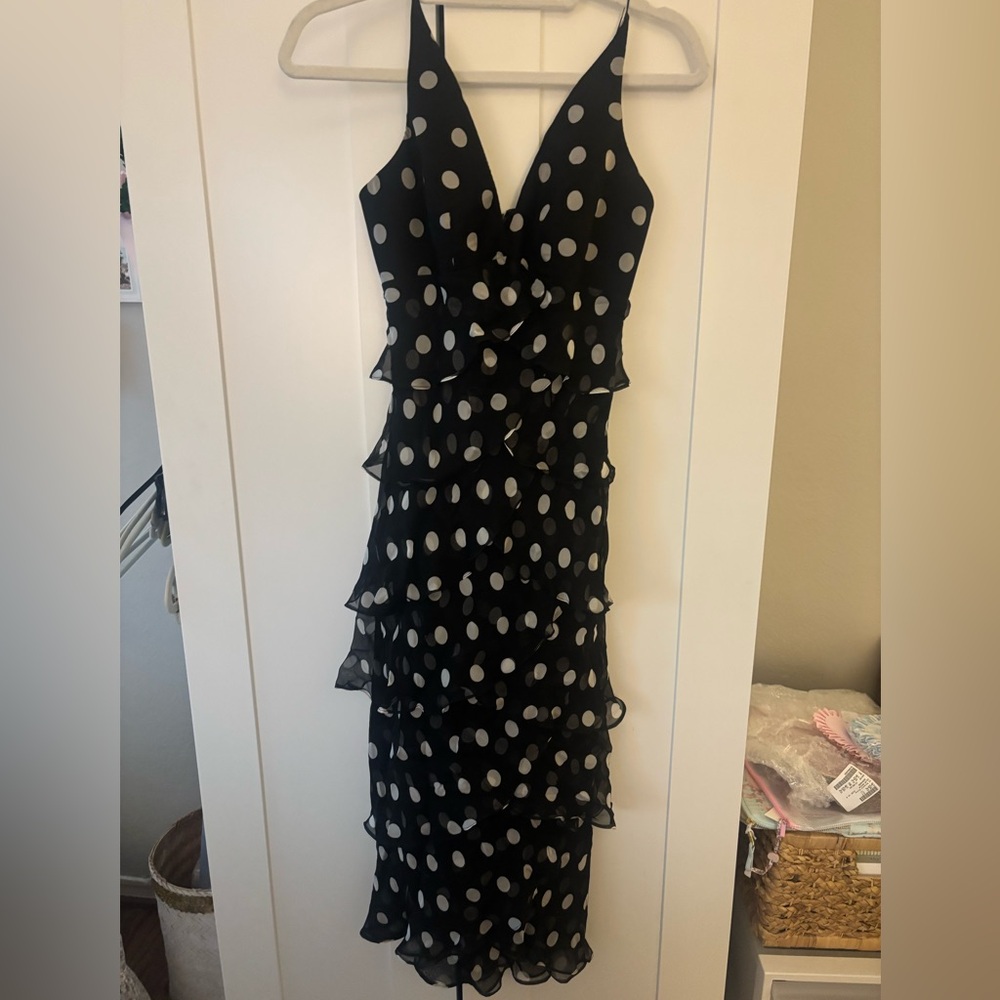 VINTAGE Melinda Eng Silk Polka Dot Ruffled Midi Dress